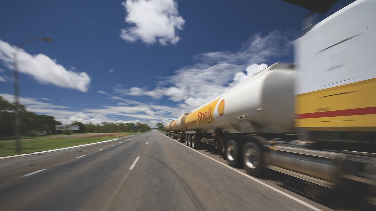 Shell bitumen tanker on the road