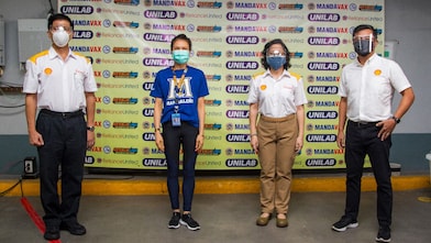 (from left to right): PSPC President and CEO Cesar Romero, Claire Cadampog, Vaccination Site Supervisor from the City Government of Mandaluyong, Shell companies in the Philippines Country Health Manager Dr. Rose Rivera, and PSPC Vice President for Corporate Relations Serge Bernal