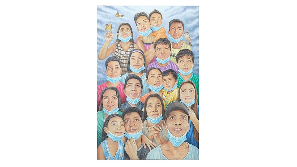1st Place: "Panibagong Umaga" by Jarren Dahan from the University of Mindanao. The winning piece in the Oil/Acrylic Category demonstrates that moving forward collectively and harmoniously can overcome challenges and lead to a brighter morning.