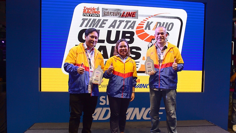 InsideRACING’s Al Camba, Shell Advance Brand Manager Chi Malabanan, and The Racing Line’s Jong Uy during the launch of 2023 Nationwide Club Wars 