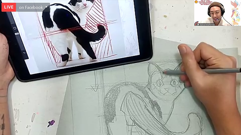 Tokwa Peaflorida, a multimedia artist, exhibited his amazing artistic talent in a live demo workshop with the 54th NSAC Virtual Art Interact participants. He demonstrated simple forms/shapes, sight-sizing, and negative space.